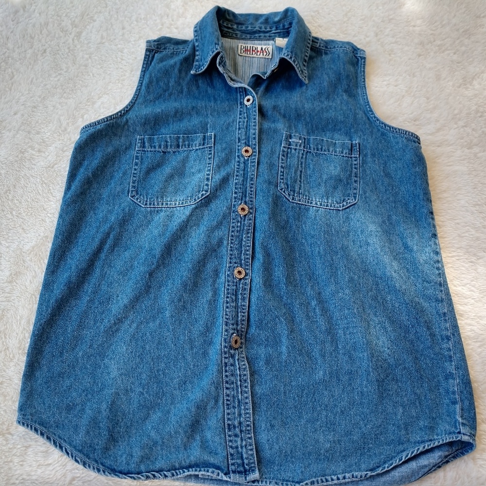 Bill Blass Chambray Sleevless Logo Button top Sz S